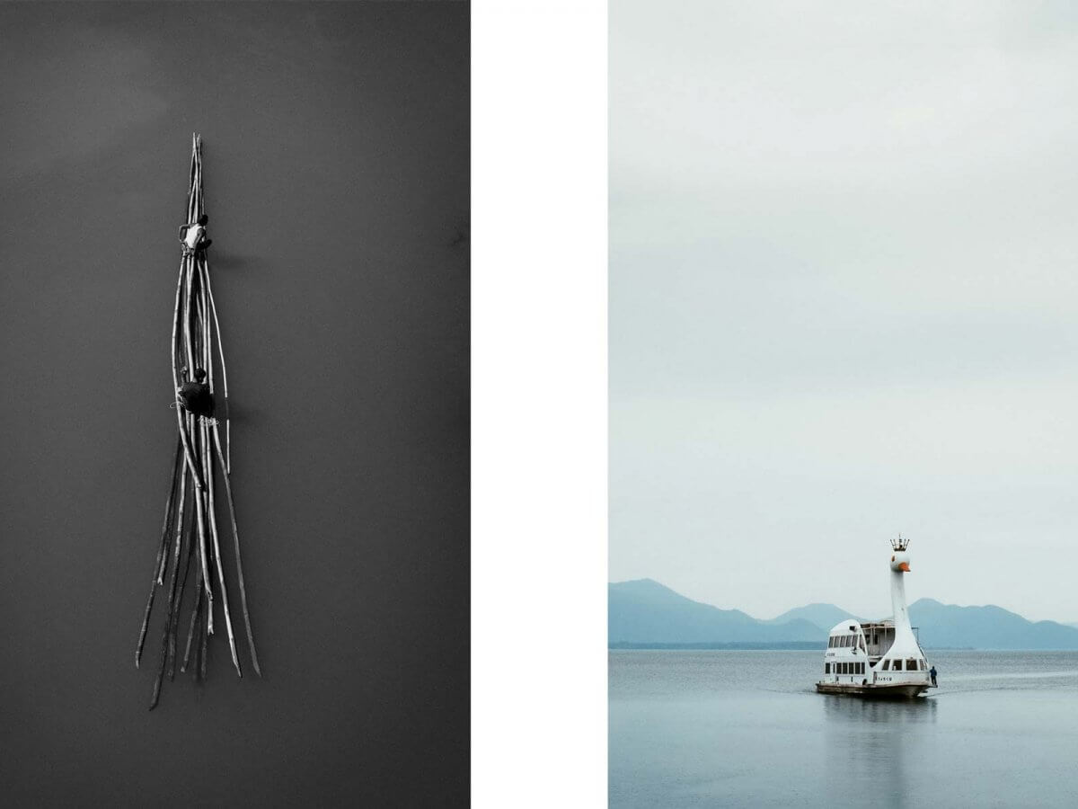 Una composición de 2 imágenes, un adorno sobre una pared oscura y un bote en forma de pato