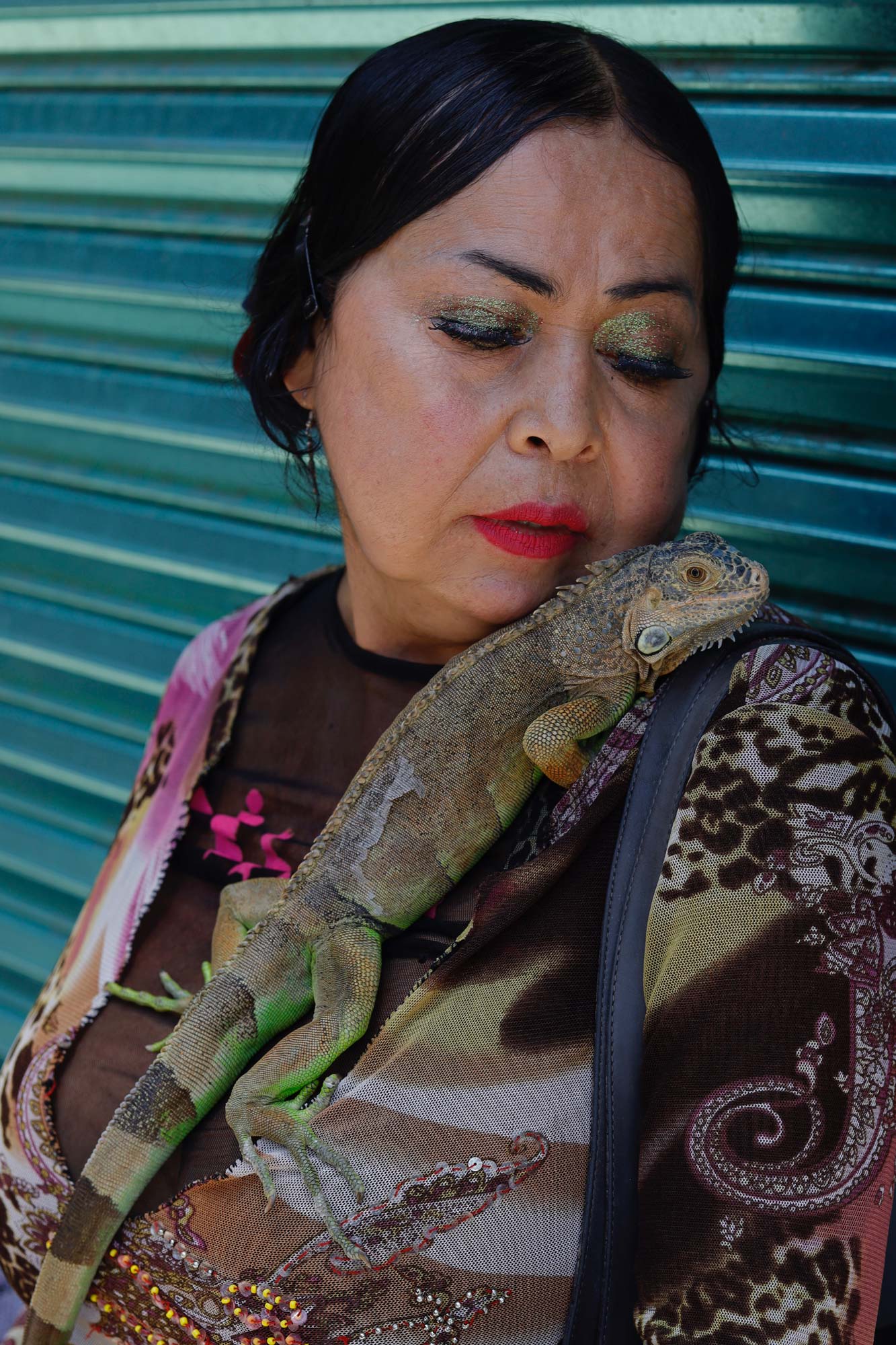 Una mujer con una iguana